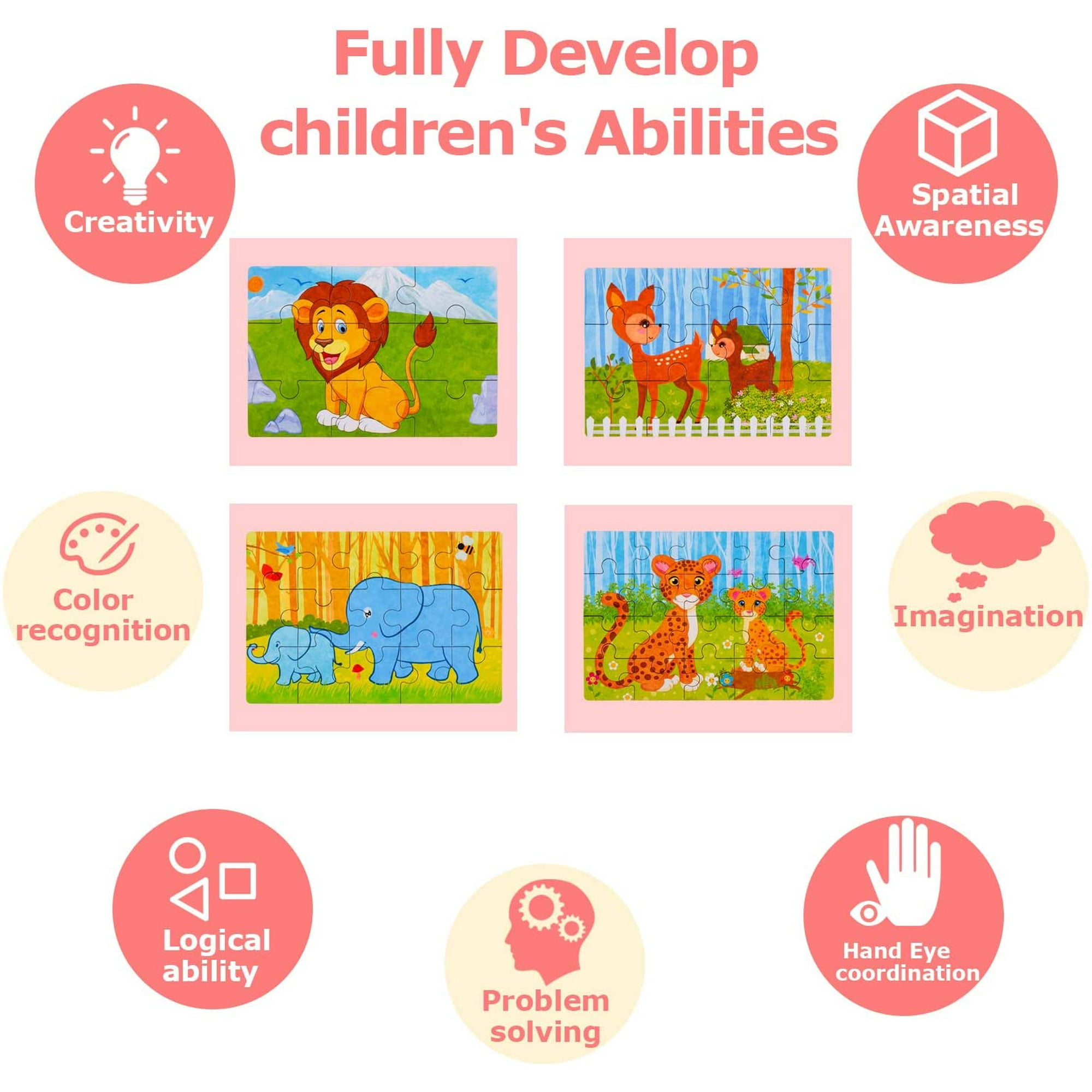Lion Deer Elephant Leopard Preschool Puzzles for Toddler with Metal Puzzle Box 4 in 1 Jigsaw Puzzles for Kids 56-Piece Puzzles Best Gift for 3 4 5 Year Old Boys and Girls